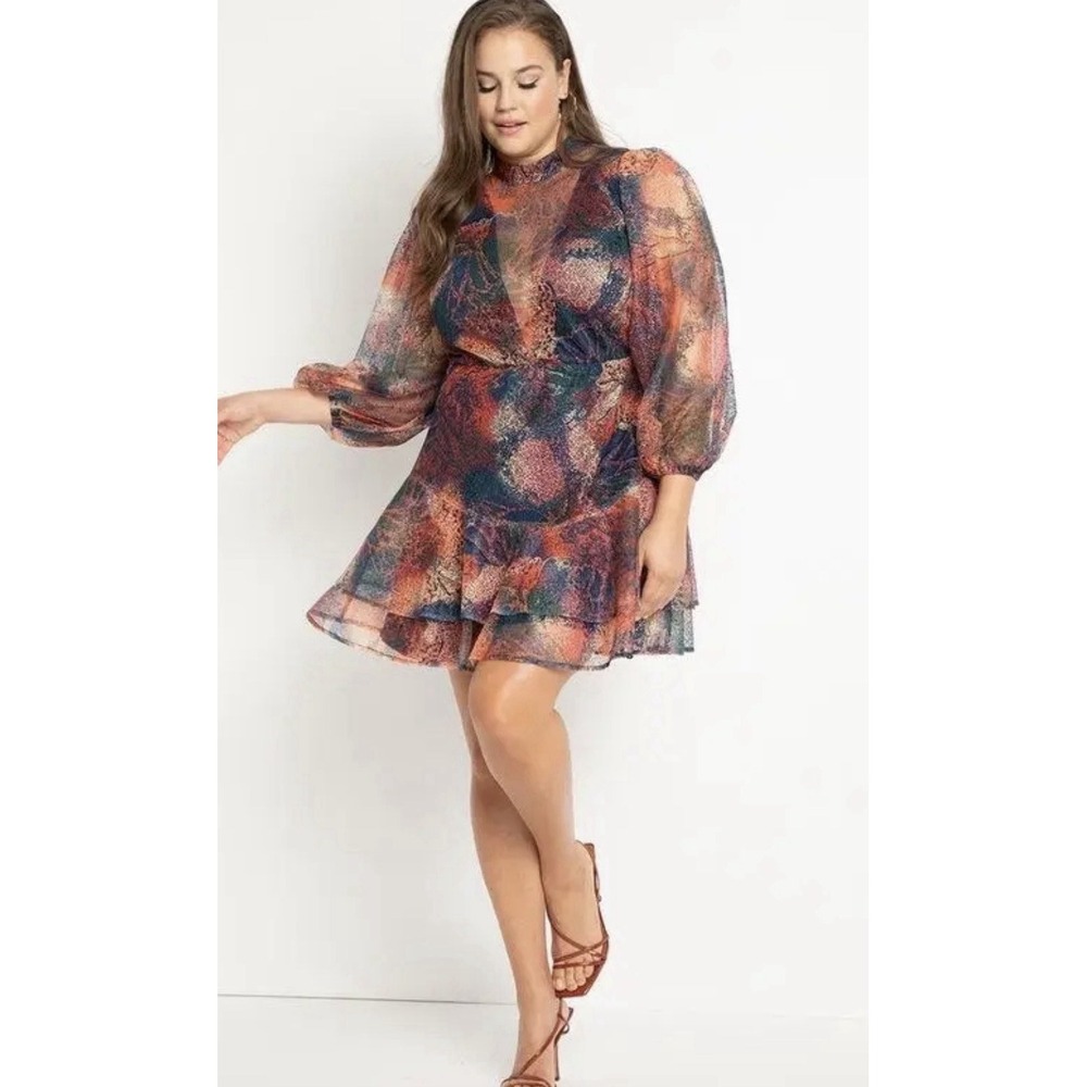 eloquii dress 16 Sheer Multicolor Fit And Flare Dress Boho Fairy Abstract Artsy